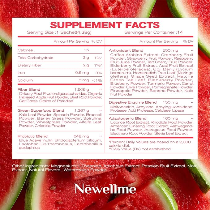 NEWELLME Watermelon Berry Powder ProbioticsPrebiotic &amp Probiotic Powder Organic Fiber Sugar Free Herbs for Bloat Gut Health Digestive Health for Men Women (28days Blueberry)