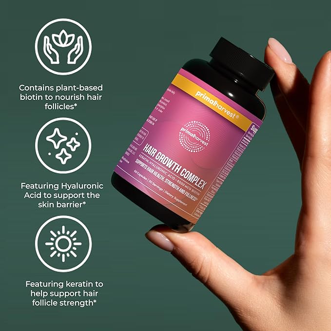 Primal Harvest Hair Growth Vitamins Hair Growth for Women &amp Men - 60 Hair Growth Pills Natural Hair Thickening Products for w/Biotin &amp Zinc - Hair Supplement Regrowth Hair Vitamins