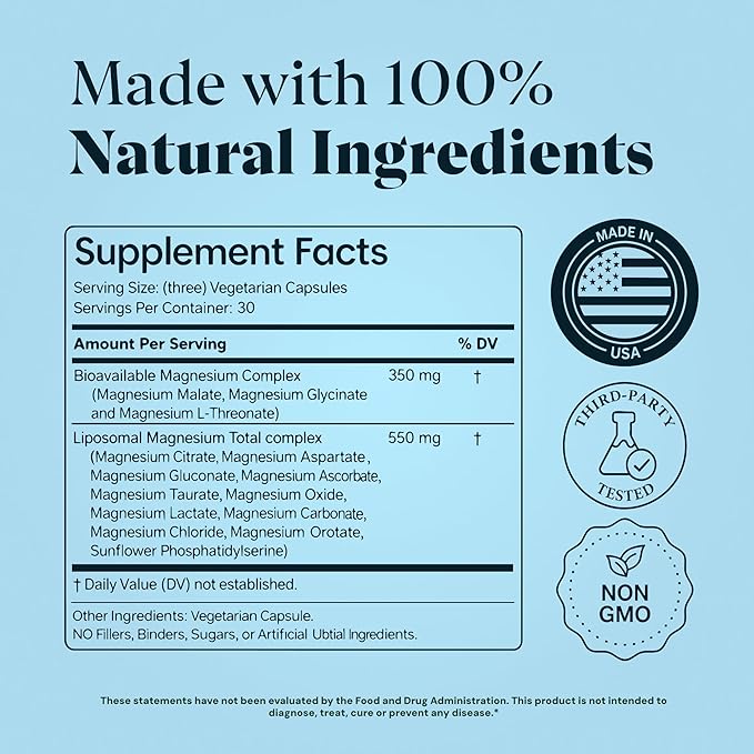Magnesium Complex for Women &amp Men 1000mg | MAGPLUS+ 13-in-1 Advanced Liposomal Ultra Formula | Glycinate L-Threonate &amp Triple Magnesium Blend | Brain Memory &amp Deep Sleep | 90 Capsules