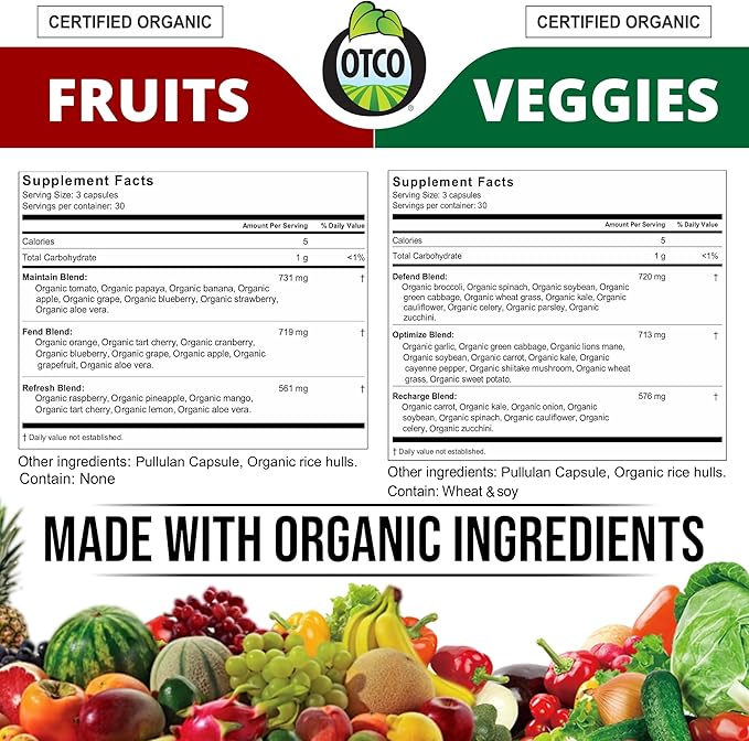 Made with Organic Fruits &amp Veggies Capsules-Superfood Vegetable Vitamin Supplement for Women &amp Men-Blend of Fruits and Greens for Daily Health.Fruits and Vegetables Supplements (30-Day Supply)