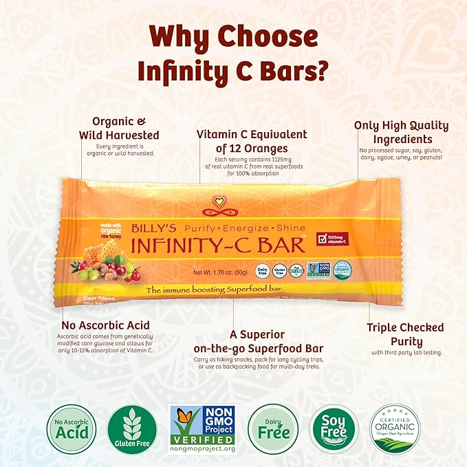 Infinity C Superfood Bars Healthy Energy Bars with 1125 mg of Whole Food Vitamin C Immune Boosting Plant Based Ingredients Camu Camu Acerola Amla Powder &amp Shilajit Raw Gluten Free Non GMO