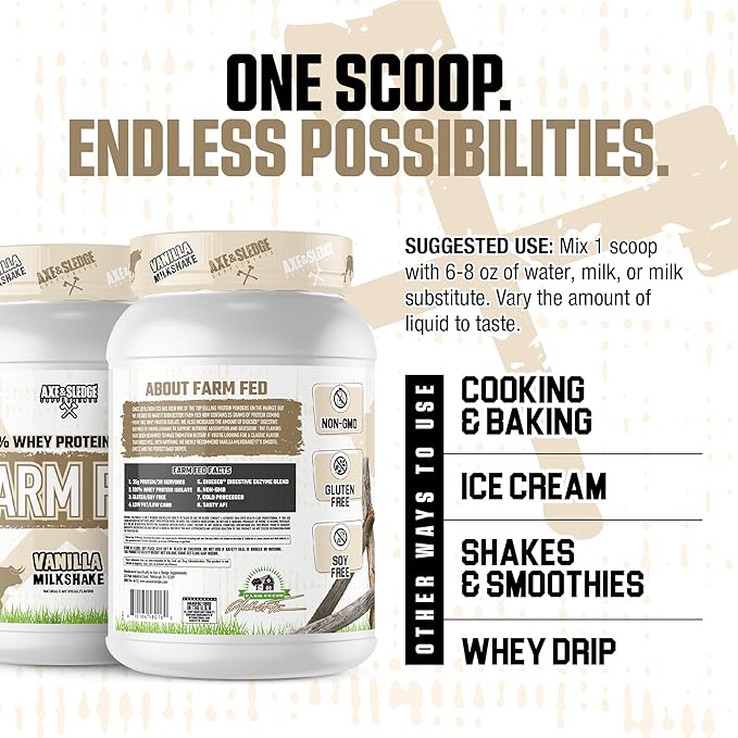 Axe &amp Sledge Farm Fed 100% Whey Protein Isolate | 25g Protein | Low Carb Low Sugar Gluten Free | Protein Powder for Men and Women | Keto | Made in The USA | 28 Servings Vanilla Milkshake
