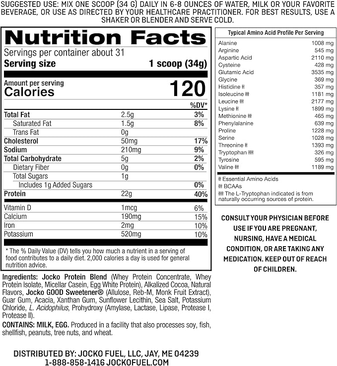 Jocko Fuel Whey Protein Powder Chocolate Daily Greens Peach