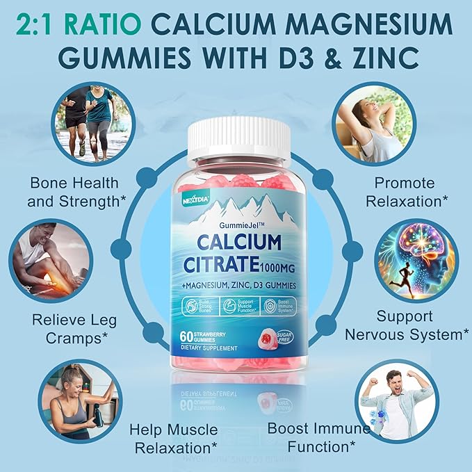 Calcium Citrate 1000mg Calcium Gummies with Calcium &amp Magnesium 2:1 Ratio Plus Vitamin D3 Zinc B6 &amp Potassium – High Absorbable Calcium Chewable Bone &amp Muscle Support Vegan Sugar-Fr
