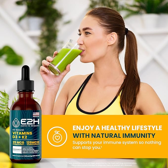 E2H EARTH TO HUMANS Vitamin D3 &amp K2 Supplement for Immune Support - Liquid Vitamin D3 5000 IU - Made in The USA | Non-GMO Vegan - (3 Bottles)