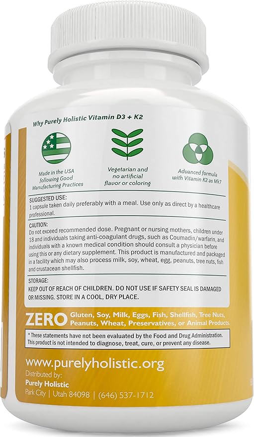 Purely Holistic Calcium Citrate Complex 1000mg + Vitamin D3 125mcg K2 MK7 90mcg - 365 Vegan Capsules + 150 Vegetarian Capsules Bundle - Made in USA
