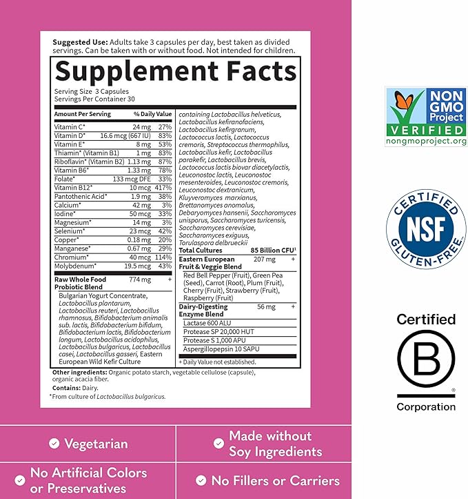 Garden of Life Raw Probiotics Women 50 &amp Wiser - 85 Billion Live Cultures - Probiotic Supplement with Bulgarian Yogurt &amp Eastern Europe Wild Kefir Culture - 90 Vegetarian Capsules