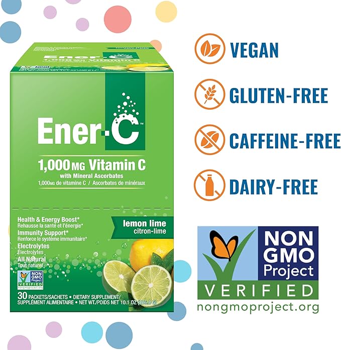 Ener-C Multivitamin Drink Mix - Vitamin Packets for Water Electrolytes Powder Packets Vitamin Drink Mix Hydration Liquid Mix Immune Booster for Adults Healthy Energy - Lemon Lime 60 Count