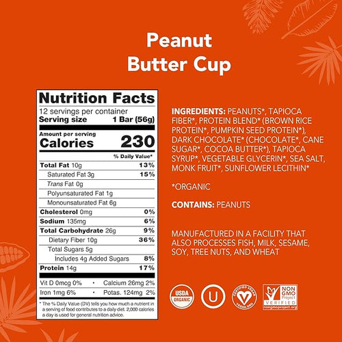 ALOHA Organic Plant Based Protein Bars - Peanut Butter Cup Bar - 12 Bars Vegan Low Sugar Gluten-Free Low Carb Non-GMO No Stevia No Erythritol