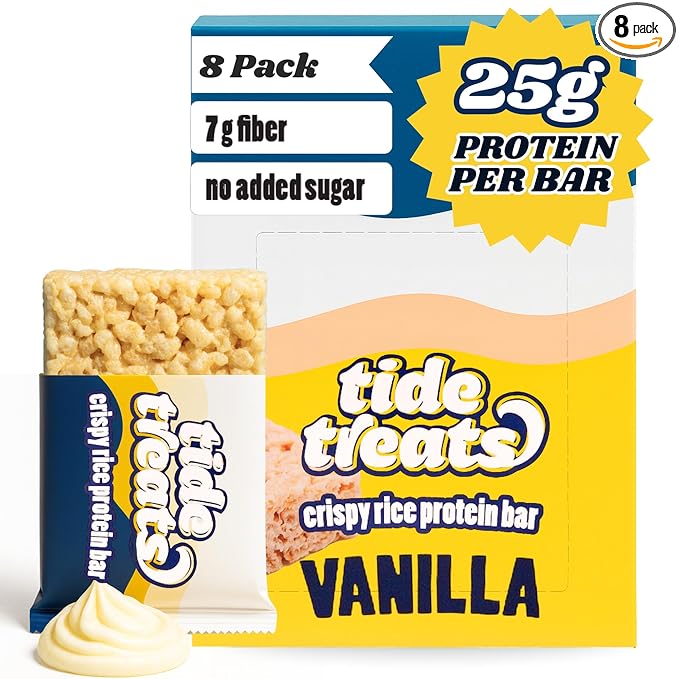 25g Protein Bar Crispy Rice Treat Vanilla | Clean Ingredients No Added Sugar 7g Fiber Gluten Free | High Protein Snack for On-the-Go Post-Workout or Dessert Cravings | 8 Count | TideTreats