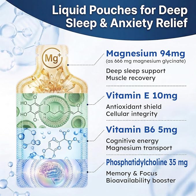 Magnesium Glycinate Liquid Pouches for Deep Sleep &amp Anxiety Relief Liposomal Magnesium Supplement with Vitamin B6 for High Absorption Brain Health Vanilla Cream 15 Pack