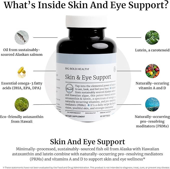 BIG BOLD HEALTH Skin &amp Eye Support - Omega-3 Complex with Alaskan Salmon Oil DHA Astaxanthin &amp Lutein for Healthy Eyes &amp Skin - 60 Softgels