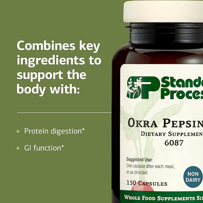 Standard Process Okra Pepsin E3 - Gastrointestinal &amp Gut Health Supplement - Supports Protein Digestion &amp Regular Digestive Function - Gluten-Free Non-Dairy &amp Non-Soy - 150 Capsules