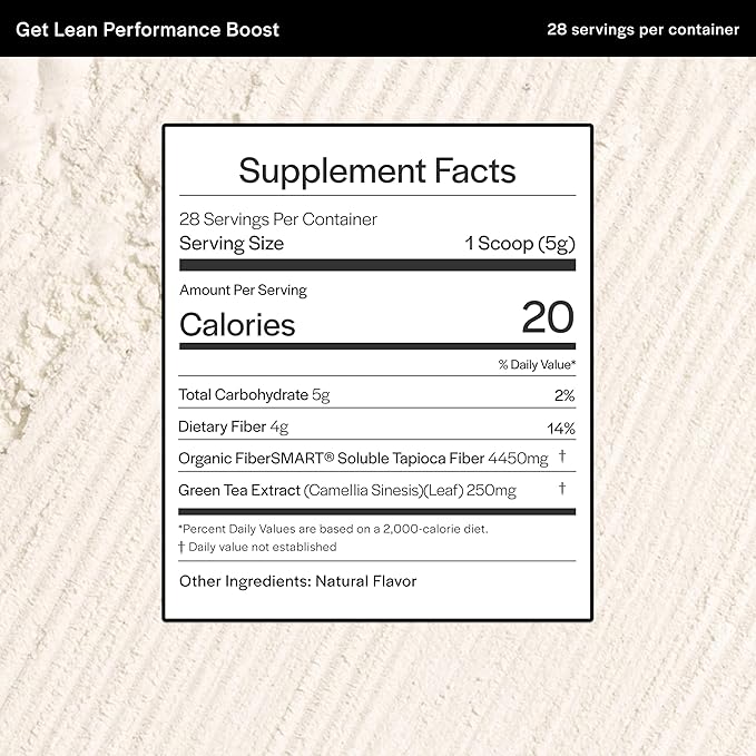Gainful Get Lean Performance Boost Green Tea Extract Fiber Supplement Powder Drink Mix for Gut Health FiberSMART from Cassava Root High Fiber Antioxidant Rich Formula Unflavored 28 Servings