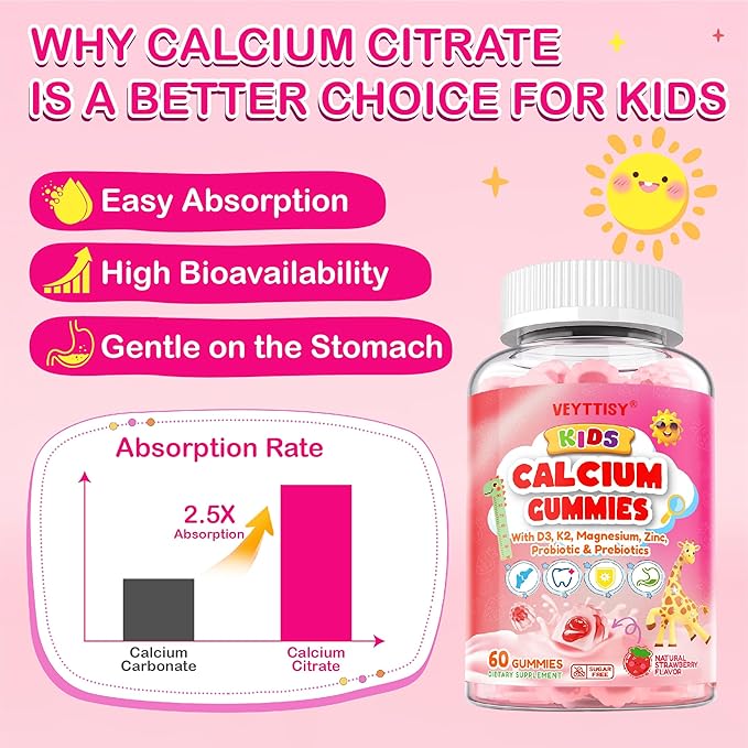 Kids Calcium Gummies with D3 &amp Magnesium for 4+: Sugar Free Calcium Citrate with Vitamin D3 K2 Zinc Probiotics &amp Prebiotics for Kids - Gluten Free Non-GMOVegan Natural Strawberry Flavor
