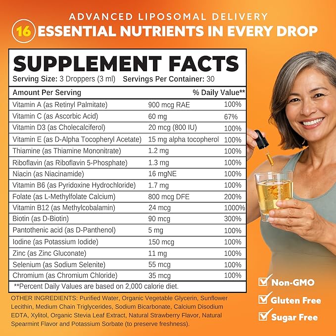 Women’s 50+ Liposomal Liquid Multivitamin – 16 Essential Vitamins &amp Minerals for Energy Bone &amp Immune Support – Sugar-Free Non-GMO High Absorption – Strawberry Mint 30 Servings