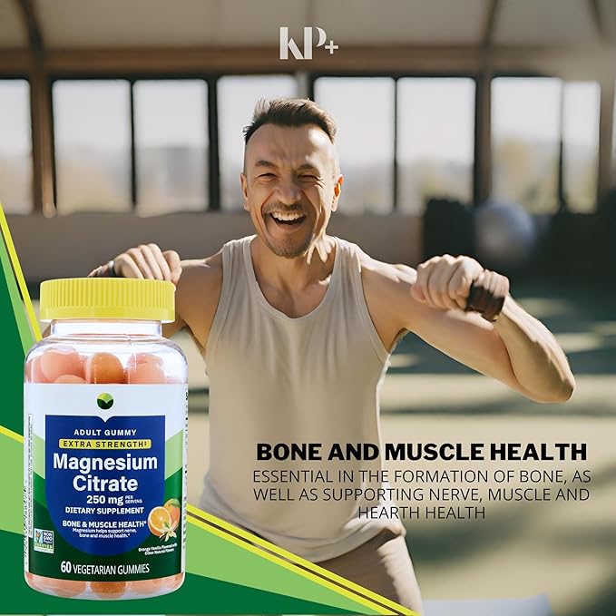 KP+ Magnesium Gummies | Magnesium Citrate 250 mg | 60 Vegetarian Gummies | Extra Strength | Supports Bone Nerve &amp Muscle Health | Orange Vanilla Flavor | Pack of 1