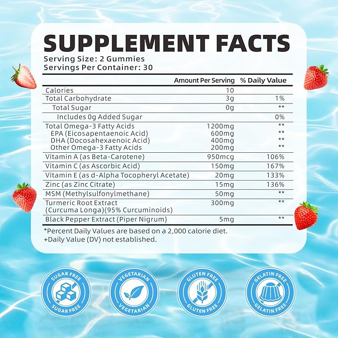 softbear Omega 3 Gummies for Women &amp Men &amp Kids Omega 3 Supplements 1200mg Vegan Omega 3 Fatty Acids DHA EPA with Vitamins Support Eye &amp Brain Health Sugar Free Strawberry Flavor 120 Cou