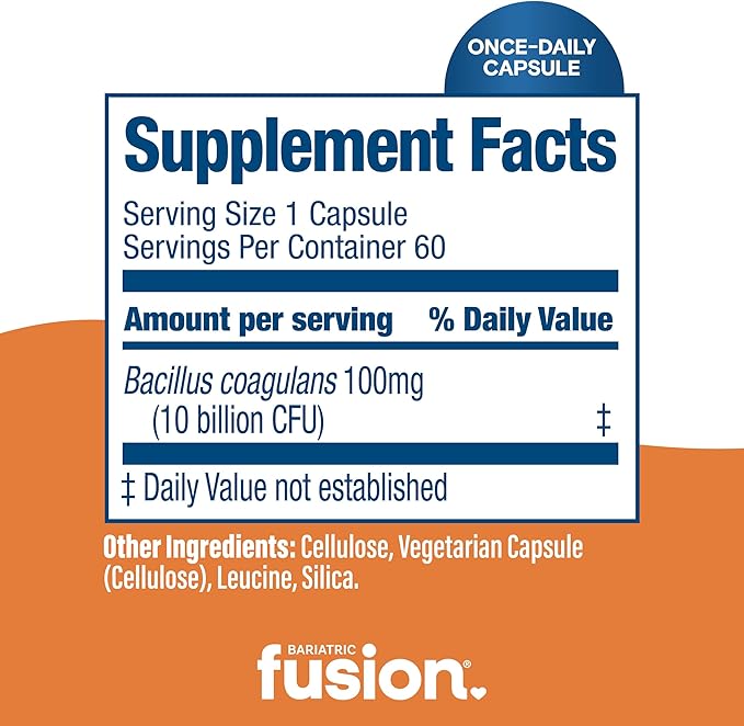 Bariatric Fusion Probiotic Capsule | Easy to Swallow Bariatric Vitamin | 10 Billion CFU | Bacillus Coagulans | Support Digestive &amp Immune Health | 60 Count