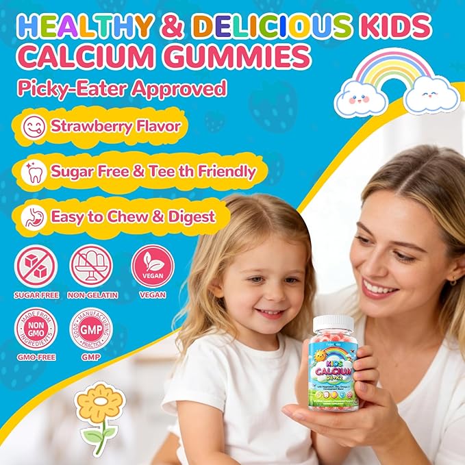 Kids Calcium Citrate Gummies: Organic Chewable Calcium Supplement with Vitamin D3 K2 Magnesium Zinc Vegan Omega Probiotic - Sugar Free High Absorption Gummy for Kids Overall Health (60Count)