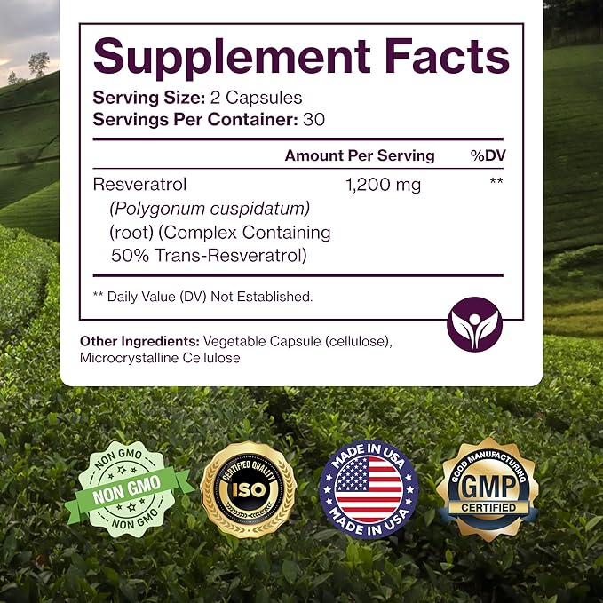Pure Resveratrol Supplement - Extra Strength 600mg Trans-Resveratrol Per Serve - for Heart Cognitive Immune Health Support – Purified &amp Bioavailable - 60 Vegan Caps