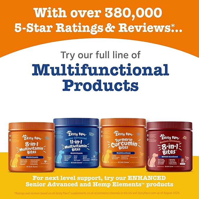 Zesty Paws Dog Multivitamin Chewable Dog Vitamins and Supplements for Hip &amp Joints Skin &amp Coat Omega 3 Fish Oil for Dogs- Senior &amp Puppy Multivitamin - Chicken- 250ct