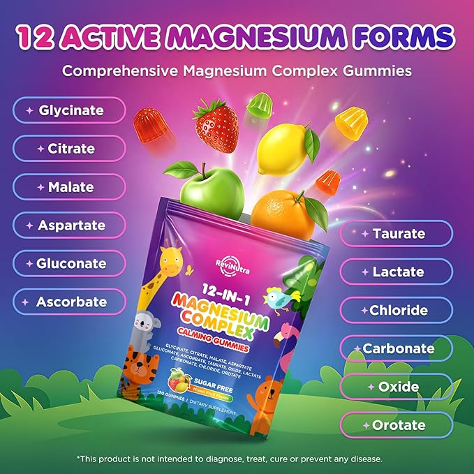 Magnesium Complex 12 in 1 - Magnesium Gummies 700mg with Glycinate Citrate Malate Oxide Taurate &amp More - Support Relaxation Muscle Function Nerve &amp Bone Health - Sugar Free Mixed Fruit 1