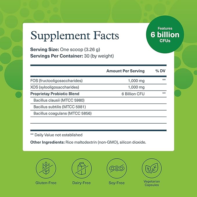 Youtheory Spore Probiotic Powder - Vegan Gut Health Supplement for Men &amp Women* - 6 Billion CFU - Dairy Soy &amp Gluten Free - 3.45 oz