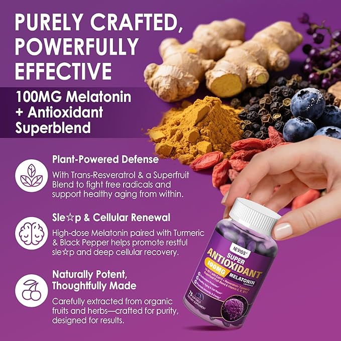 Melatonin 100mg for Antioxidant &amp Cognitive Health Ultra High Dose Melatonin with CoQ10 Turmeric Trans-Resveratrol Vitamin B12 C E for Brain Anti-Aging Cellular Repair and Energy 75 Softgels