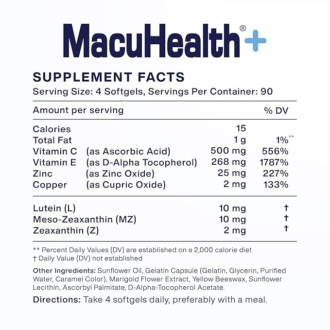 Macuhealth Plus+ Eye Vitamins Supplement for Adults - 90 Day Supply with Lutein Zeaxanthin and Meso-Zeaxanthin - Unflavored Vitamin for Eyes