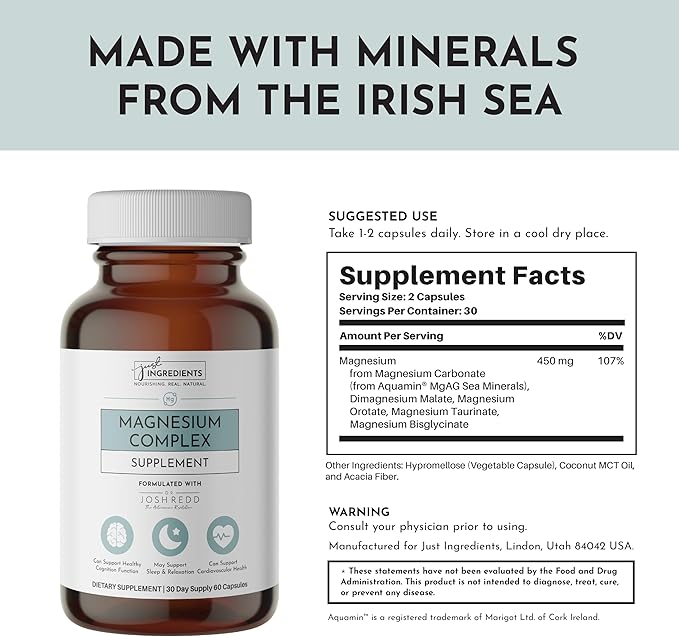 Just Ingredients Magnesium Complex - Five Bioavailable Forms for Relaxation Sleep Mood Support - 60 Capsules