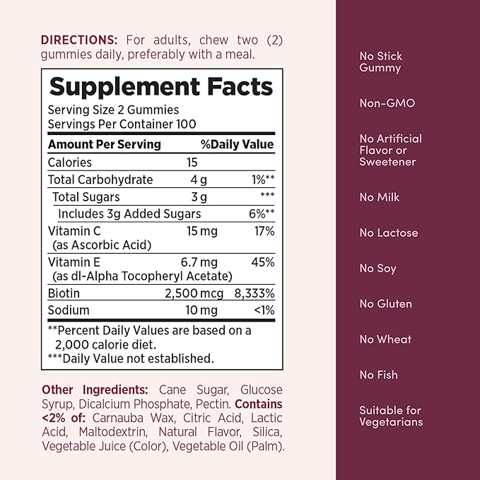 Nature's Bounty Optimal Solutions Hair Skin and Nails Pectin Gummies 2500 mcg Biotin Per Serving No Stick Gummy Vegetarian Formula Strawberry Flavor 200 count 100 Total Servings