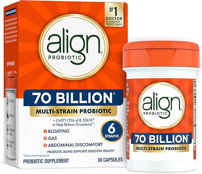 Align Probiotic 70 Billion CFU 6 Strain Blend Probiotics for Women and Men Daily Probiotics for Digestive Health Helps Relieve Occasional Bloating &amp Gas 30 Capsules