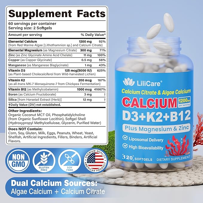 Calcium 1200 mg with Vitamin D3 K2 5000 IU Softgels Supplement for Women Men - Liposomal Calcium Citrate &amp Algae Calcium Magnesium Zinc + D3 K2 B12 Plant-Based Vegan Vitamin D Boron for Bone120