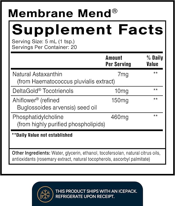 Quicksilver Scientific Membrane Mend - Brain Cellular &amp Healthy Aging Support with Phosphatidyl Choline (PC) Vitamin E Tocotrienols Ahiflower Oil &amp Astaxanthin Supplements (3.38oz / 100ml)
