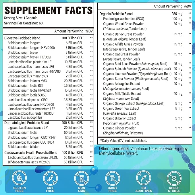 Probiotics for Women &amp Men - 300 Billion CFU 24 Strains Probiotics + 15 Organic Herbs Prebiotics for Digestive Gut Health Immune Constipation Diarrhea &amp Whole-Body Health - 2 Months Suppl