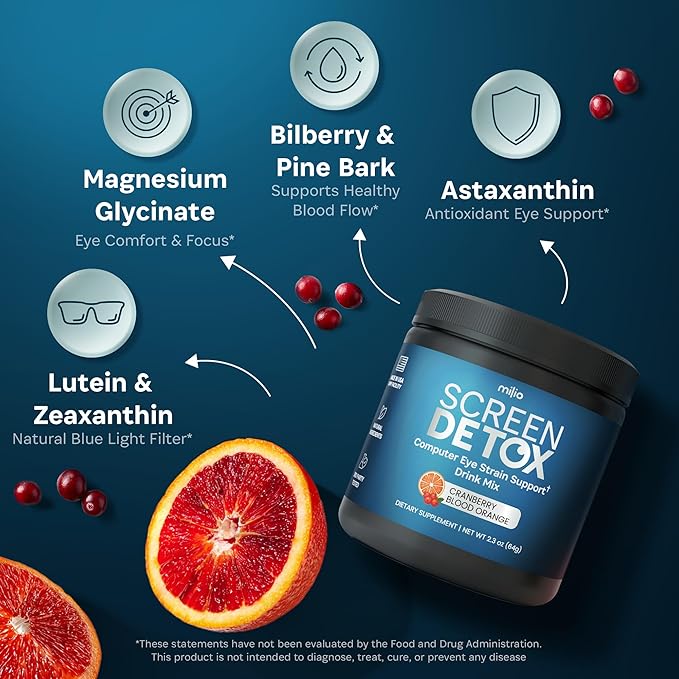 Computer Eye Strain Relief Drink Mix with 20mg Lutein 4mg Zeaxanthin 6mg Astaxanthin Bilberry Fruit &amp Pine Bark Extract Magnesium Glycinate Vision Supplement No Sugar