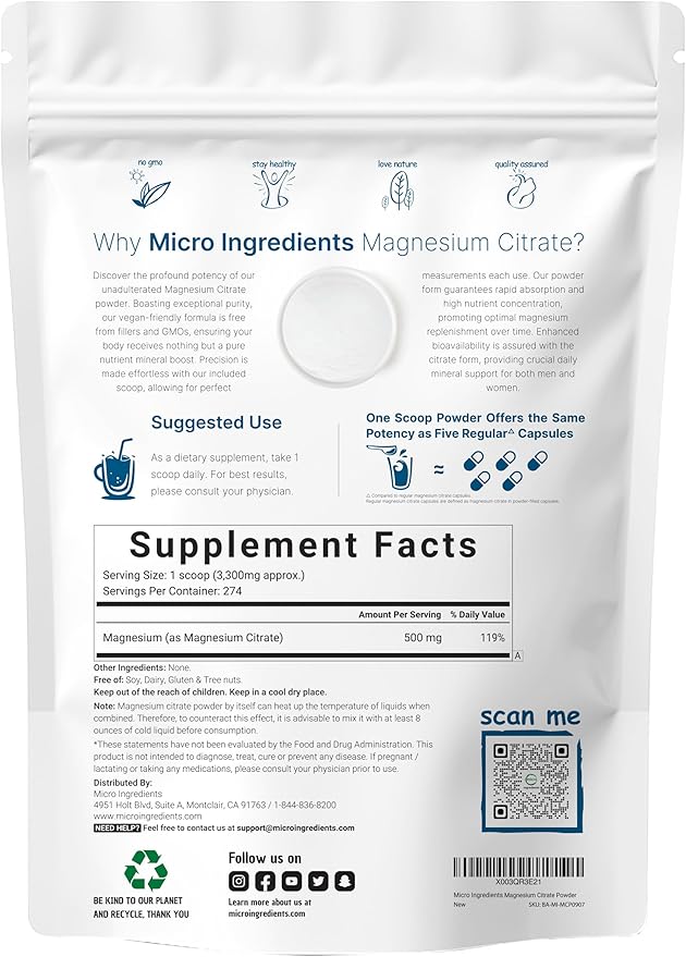Magnesium Citrate Powder 2lbs | Unflavored Magnesium Supplement | Relaxation and Nutrient Utilization | Easily Absorbed Formula | Non-GMO Vegan Gluten Free