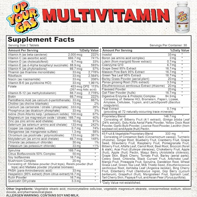 Up Your Gas MULTIVITAMIN - 60 Tablets. Comprehensive Whole Foods Based Nutritional Support for Well-Being Energy Immunity and More.