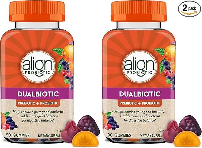 Align Dualbiotic Prebiotics and Probiotics for Women and Men Probiotics for Digestive Health Prebiotics Help Nourish Good Bacteria Natural Fruit Flavors 90 Probiotic Gummies(Pack of 2)