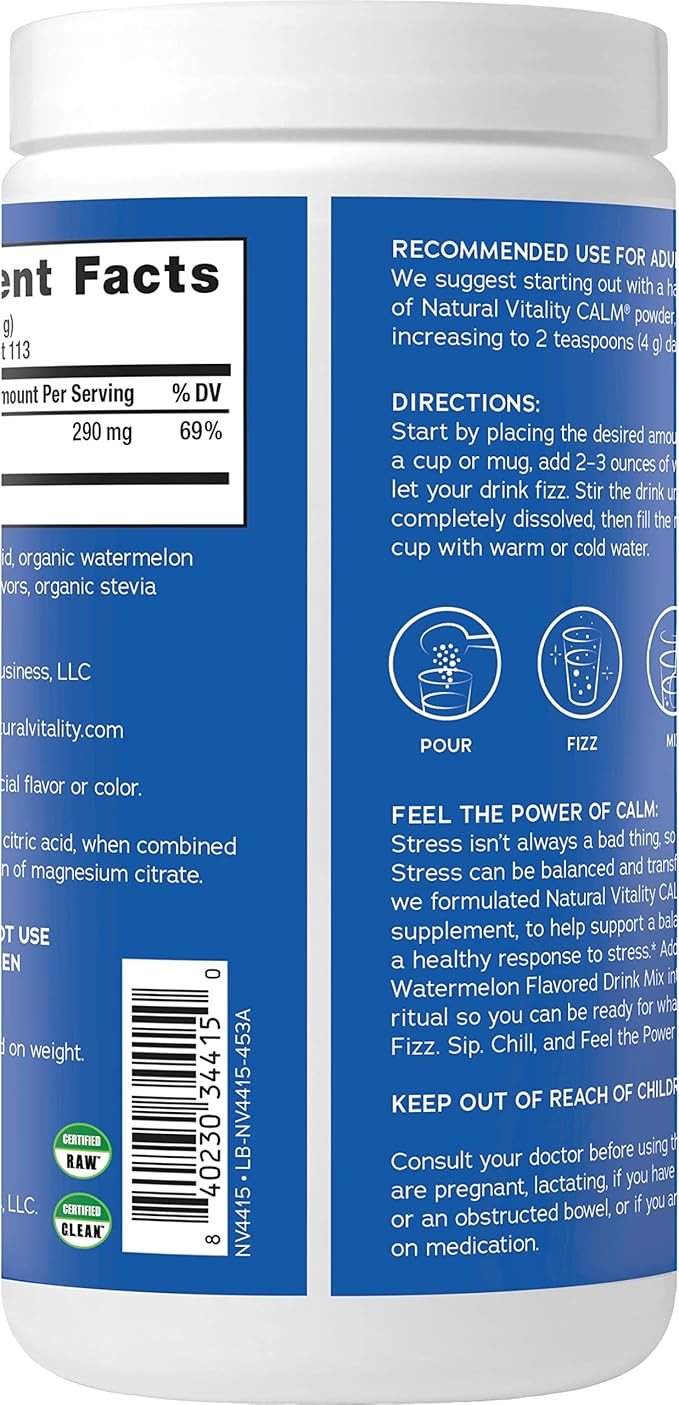 Natural Vitality Calm Magnesium Supplement Anti-Stress Drink Mix Powder Gluten Free Vegan &amp Non-GMO Watermelon 16 oz