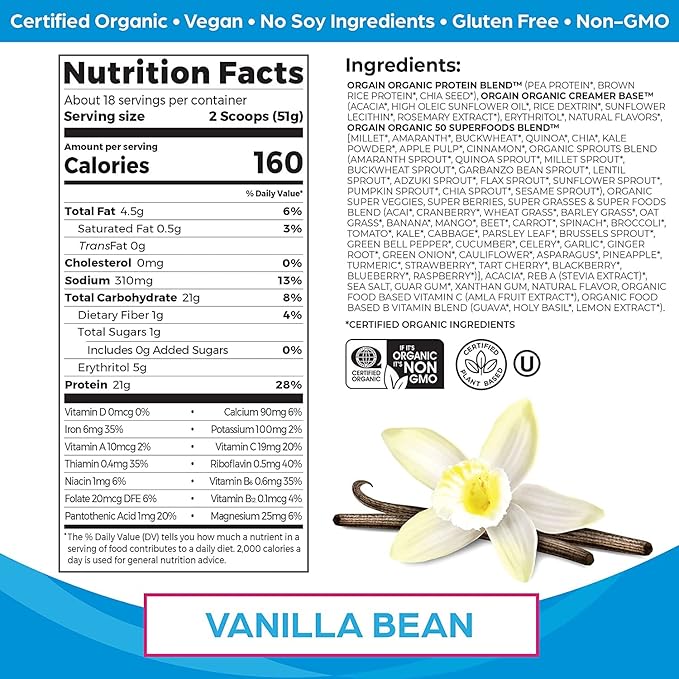 Orgain Organic Protein + Superfoods Powder (Vanilla Bean) and Orgain Organic Greens Powder + 50 Superfoods (Berry)