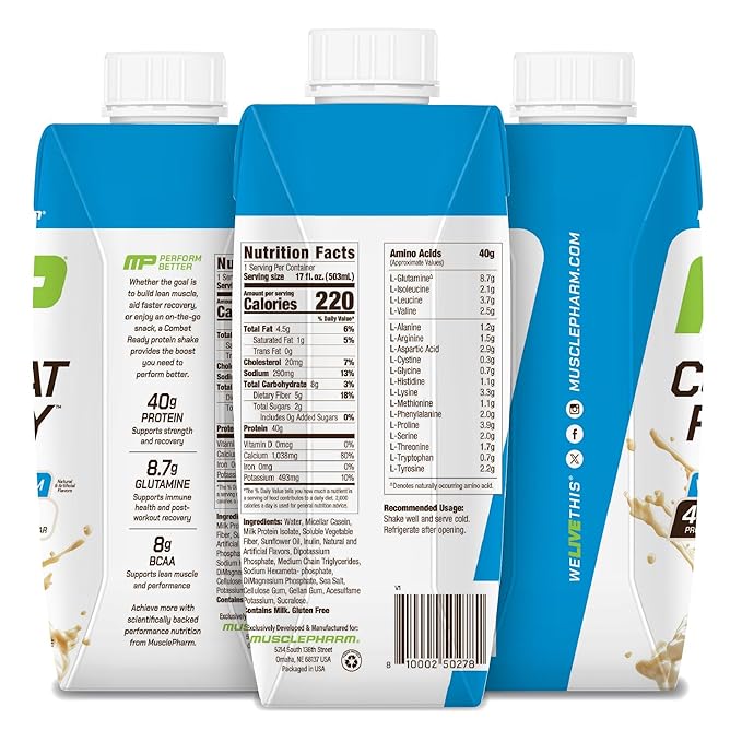 MusclePharm Combat Ready High Protein Shakes Ready to Drink 40g Protein 8g BCAAs 8.7g Glutamine 5g Fiber No Added Sugar Gluten Free Vanilla Ice Cream 17 Fl Oz (Pack of 12)