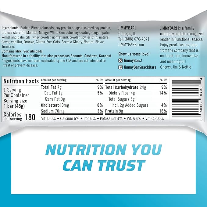 JiMMYBAR! - Immune! Orange Citrus Blast Protein Bars - 9g Protein Bar - 12 Count - 58g of Real Food - 300% of Daily Vitamin C - Chewy &amp Soft Meal Replacement Bar - Hand Drizzled Topping