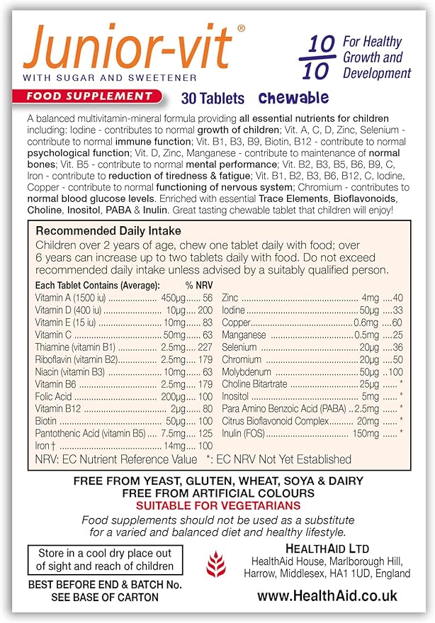 Health Aid Junior-vit - Chewable (Tutti-fruity Flavour) (Age 2 plus) - Blister Pack 30 Tablets