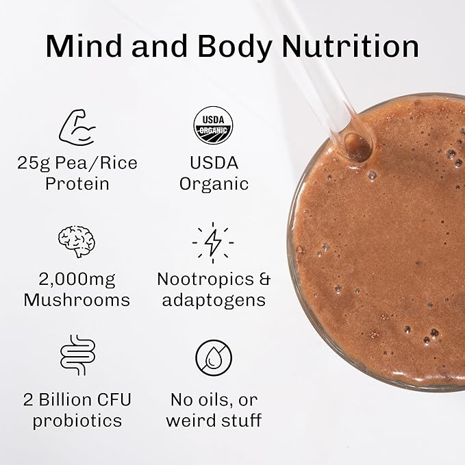 MUDWTR Nourish | Chocolate Mushroom Protein Powder | 2000mg Adaptogenic Mushrooms | Vegan Protein Powder | USDA Organic | Focus Mood &amp Digestion Support | Cacao Lion's Mane Bacopa | 15 Serving