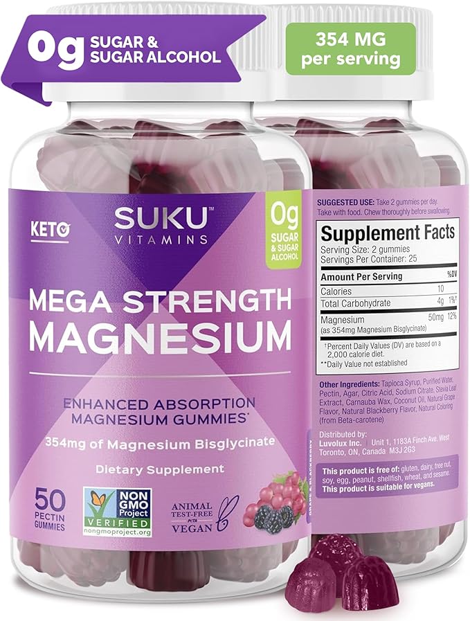 SUKU Vitamins - Mega Strength Magnesium - 177 mg of Magnesium Bisglycinate Gummies for Muscle Function - Easy to Chew - Non GMO Gluten Sugar Free - Grape BlackBerry Flavored Gummy Vitamins (50 Count)