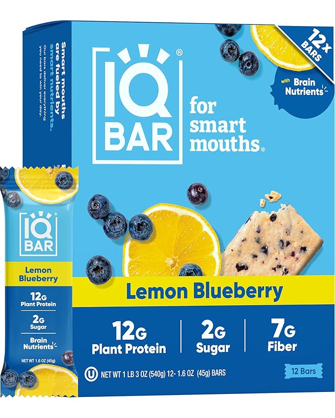 IQBAR Clean Plant Protein Bars - Lemon Blueberry - 12 Count - Keto Vegan High Fiber Gluten and Dairy Free Low Sugar Snack - Brain and Body Nutrients for Focus Energy Meal Replacement