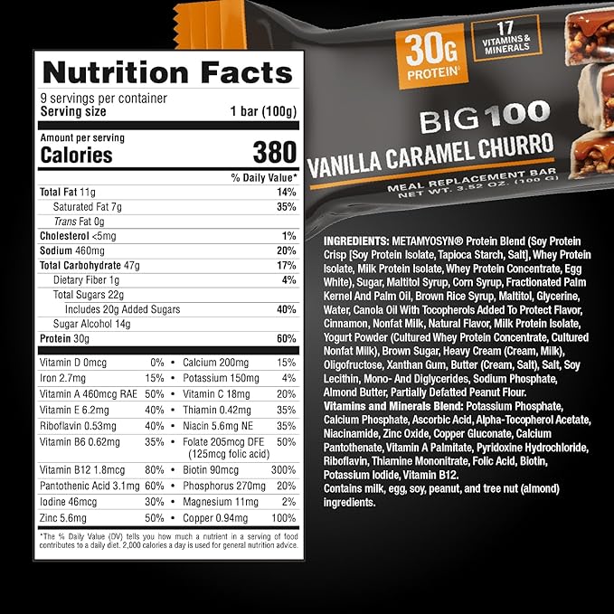 MET-Rx Big 100 Colossal Protein Bars Vanilla Caramel Churro Meal Replacement Bars Brown 9 Count