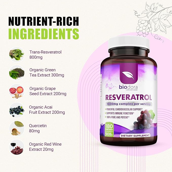 Resveratrol 1600mg - 180 Capsules | Trans-Resveratrol Antioxidant Supplement with Natural Green Tea Grape Seed Polyphenols &amp Quercetin Supports Digestive Heart Health Immune System Brain Func